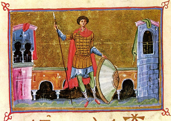 Книжная миниатюра.  Св. вмч. Георгий Победоносец. XI век. Византия. Монастырь Дионисиат, Афон. Греция