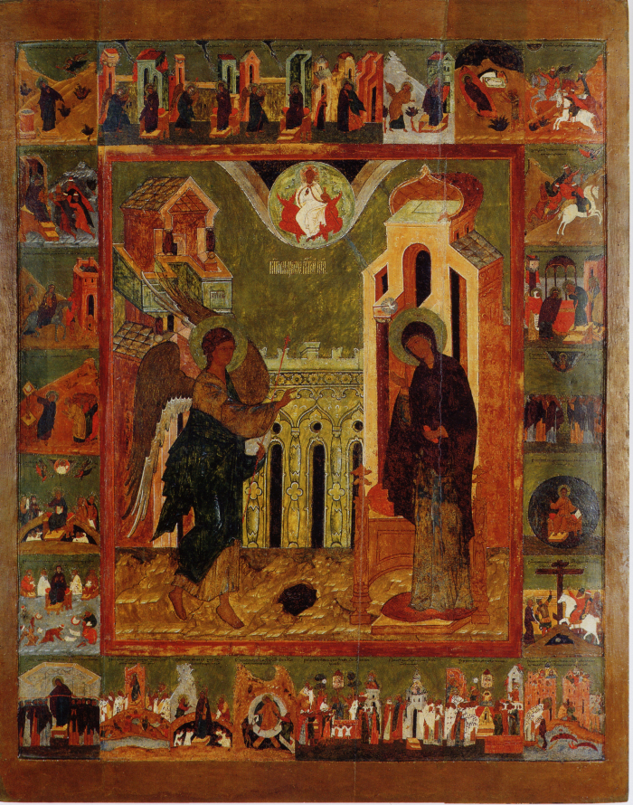 Икона. Благовещение с клеймами Акафиста. 1570-е гг. XVI в. Благовещенский собор Сольвычегодска. ГТГ, Москва