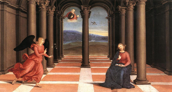 Рафаэль Санти. Благовещение. Алтарь Одди. Пределла. 1502-1503 гг. Пинакотека, Ватикан.