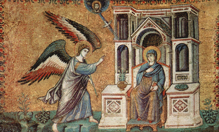 Мозаика. Благовещение.  1291 год.  XIII в. Пьетро Каваллини. Базилика Санта-Мария ин Трастевере. Рим, Италия