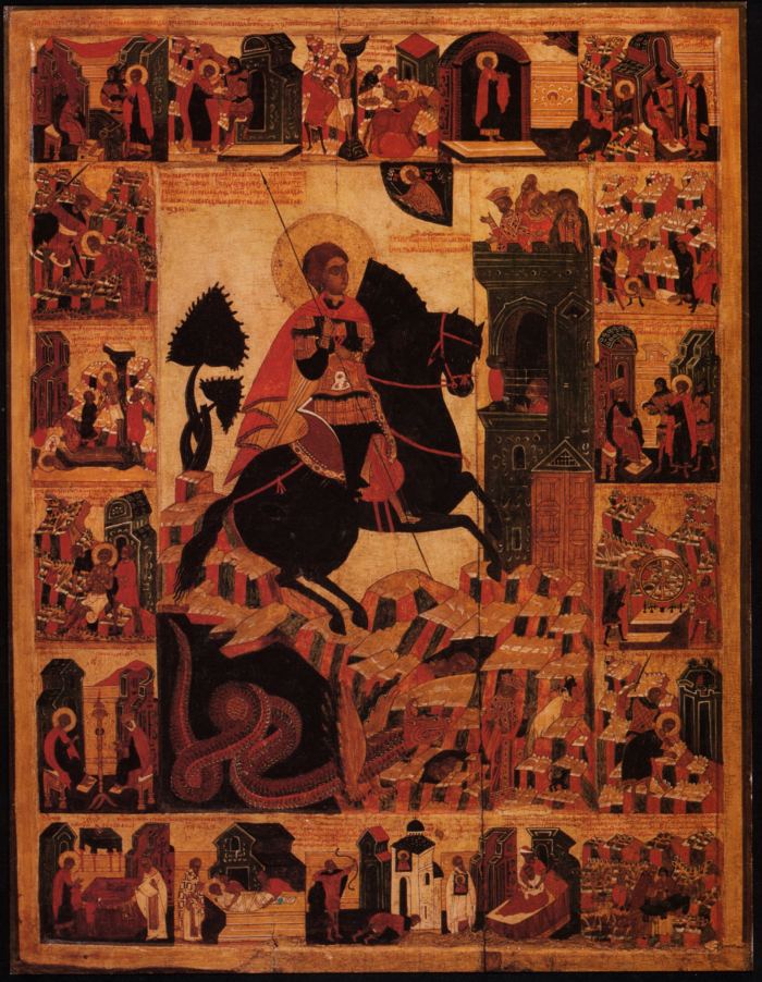 Икона. Чудо св. Георгия о змие, с Житием. Первая половина XVI в. Из Богородице-Рождественского собора. Устюженский краеведческий музей