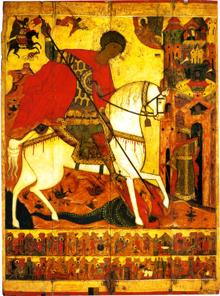 Икона. Чудо св. Георгия о змие, с Житием. Конец XVI – начало XVII в. Из церкви св. Георгия на Площадке, Кострома. ГТГ, Москва