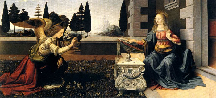 Леонардо да Винчи. Благовещение. 1472-1475 гг. Галерея Уффици, Флоренция