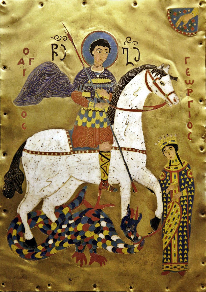 Золотая пластина, перегородчатая эмаль. Св. вмч. Георгий Победоносец. XV век. Музей изобразительных искусств, Тбилиси. Грузия