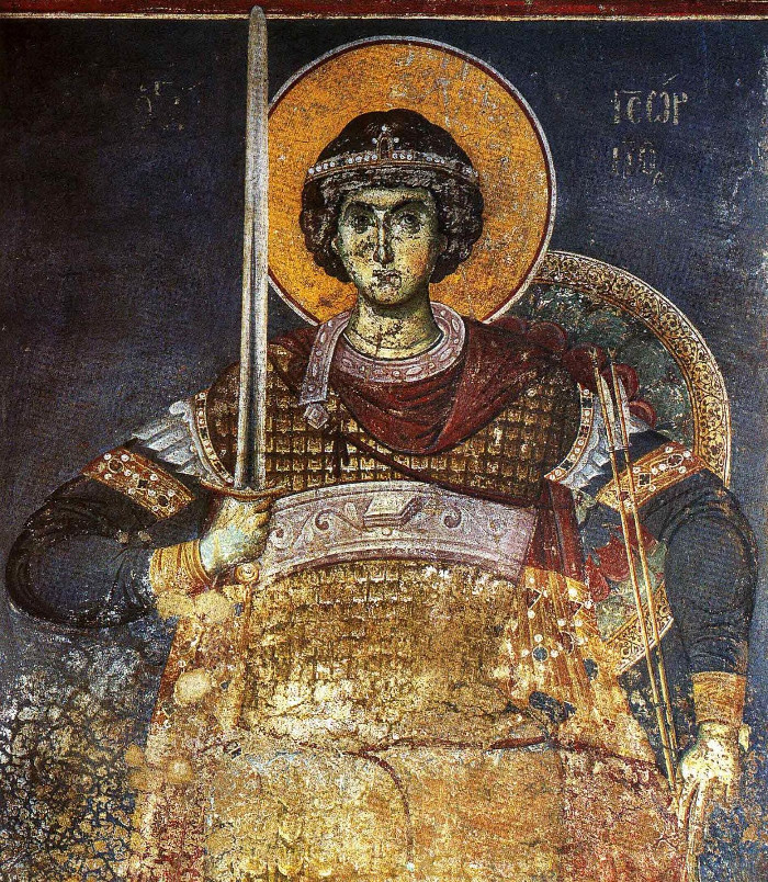 Фреска. Св. вмч. Георгий Победоносец. XIV век. Византия. Карея. Протат, Афон. Греция