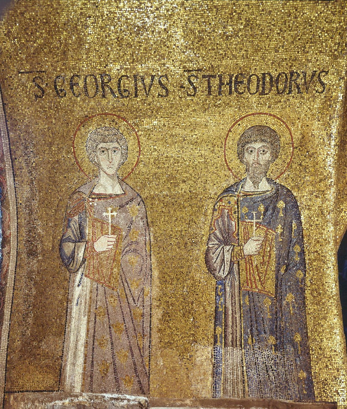 озаика. Святые великомученики воины Георгий и Феодор. XII в. Собор св. Марка, Венеция. Италия